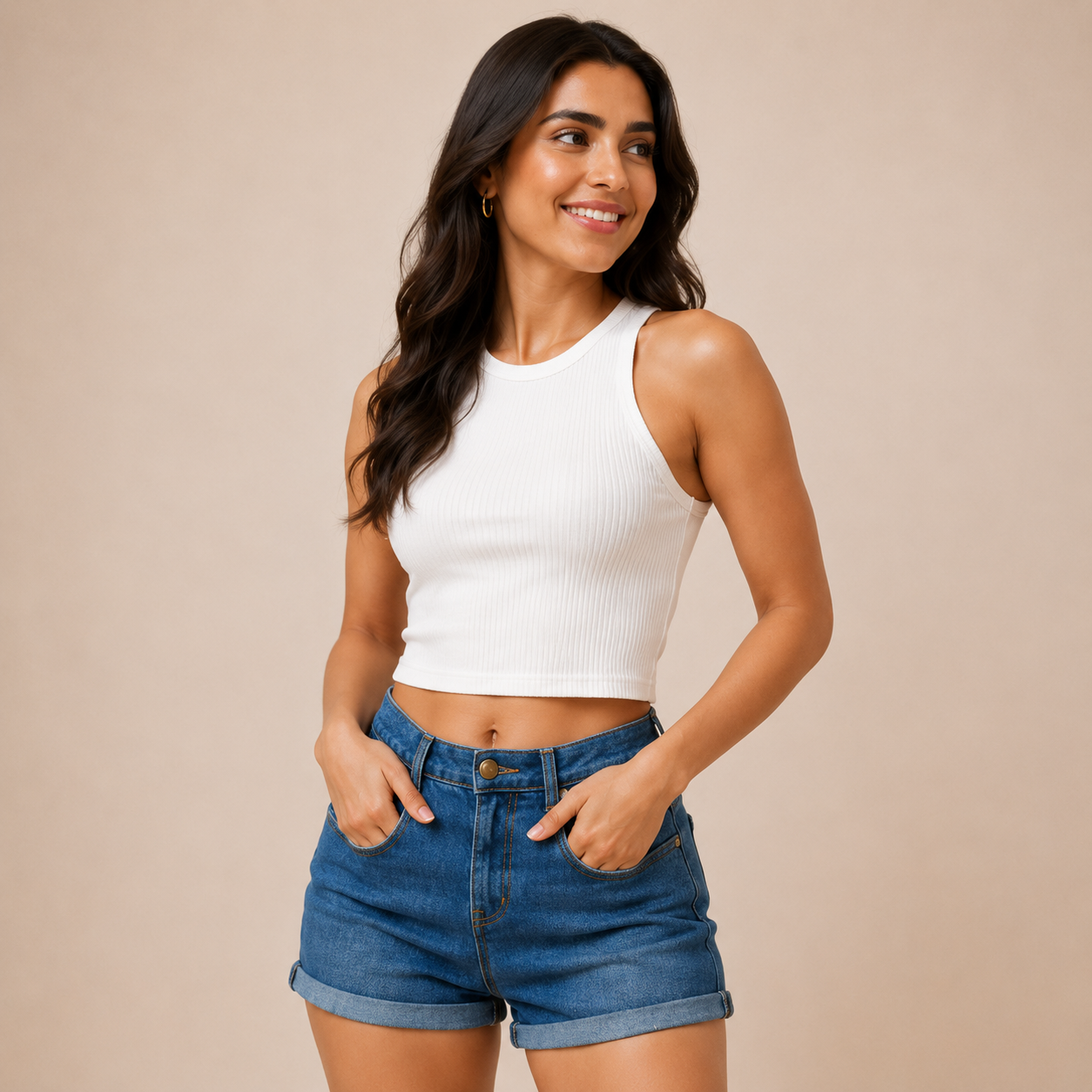 Women's Blue Mid-Rise Denim Shorts with Rolled Hem