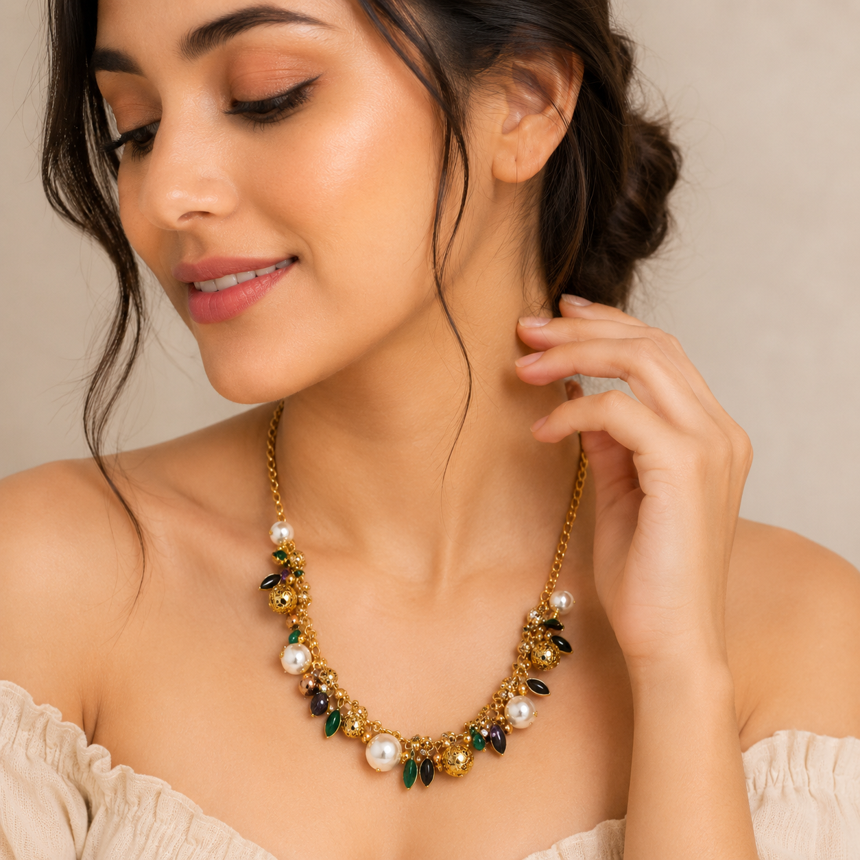 Women's Gold Plated Pearl & Green Stone Statement Necklace
