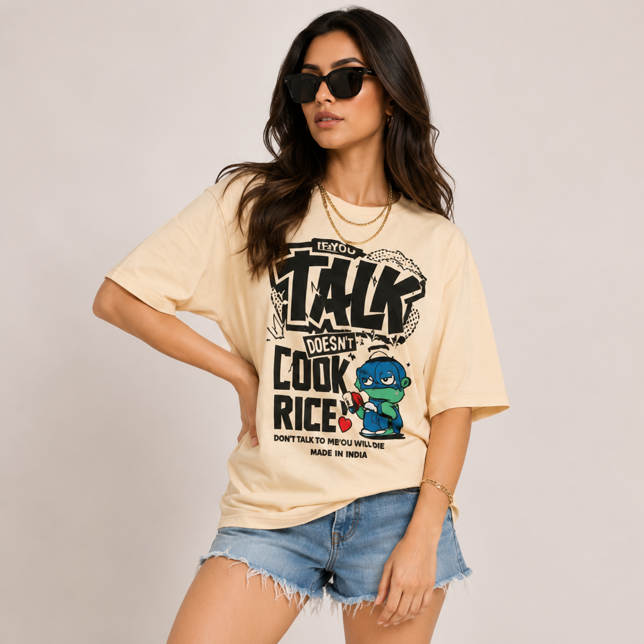 Women's Beige Oversized Graphic Typography Cotton Blend Crew Neck T-Shirt