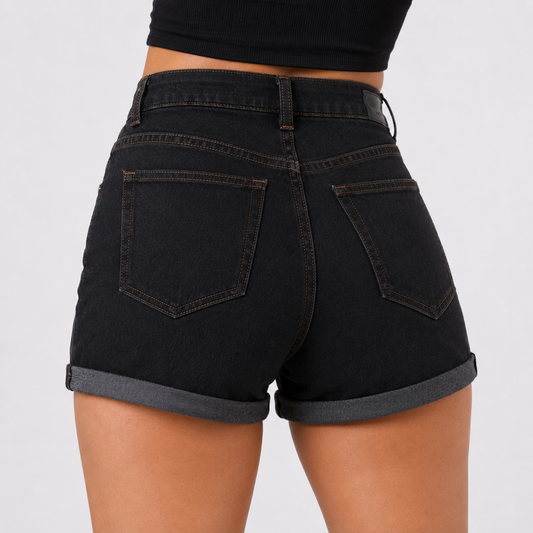 Women's Black High-Rise Cotton Blend Denim Shorts