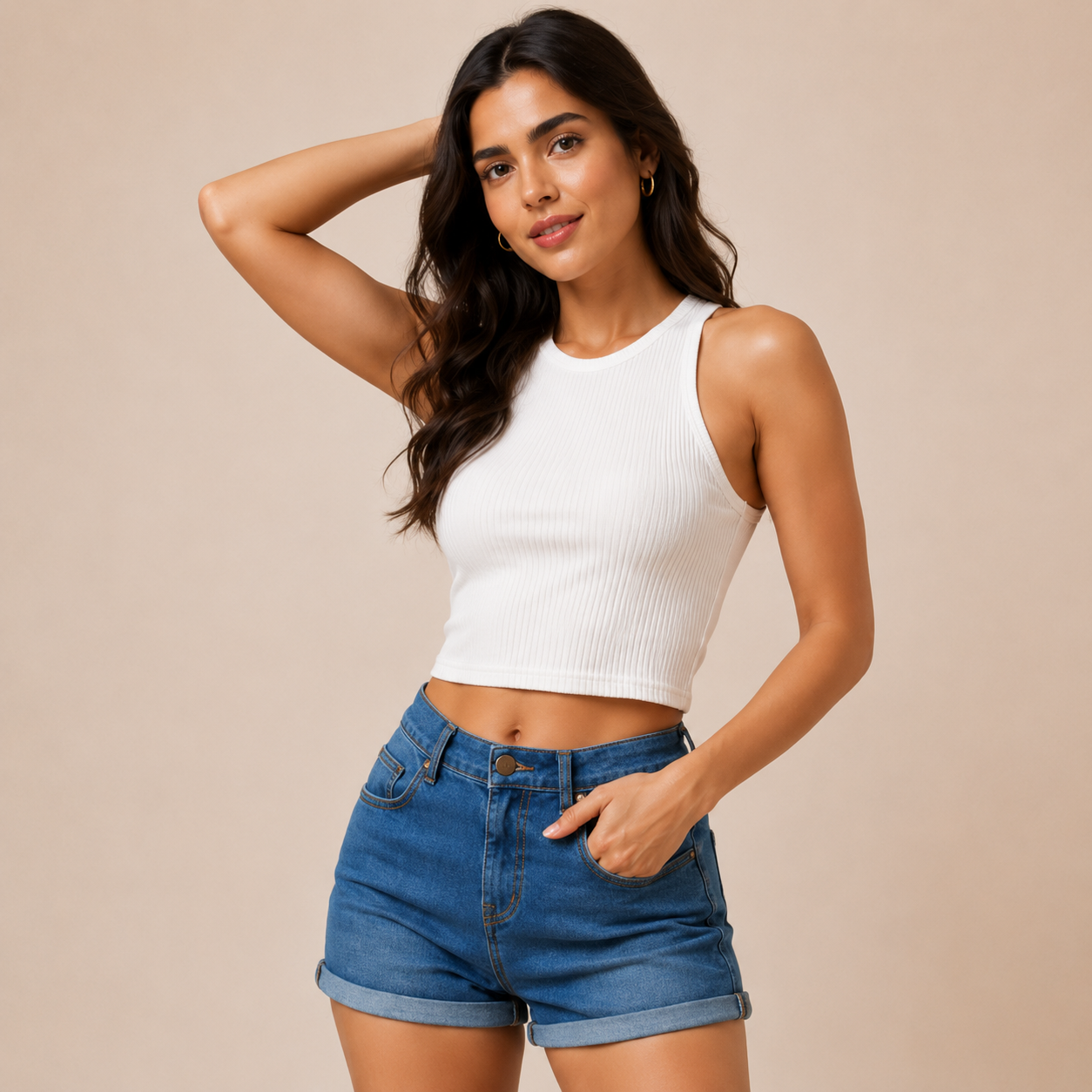 Women's Blue Mid-Rise Denim Shorts with Rolled Hem