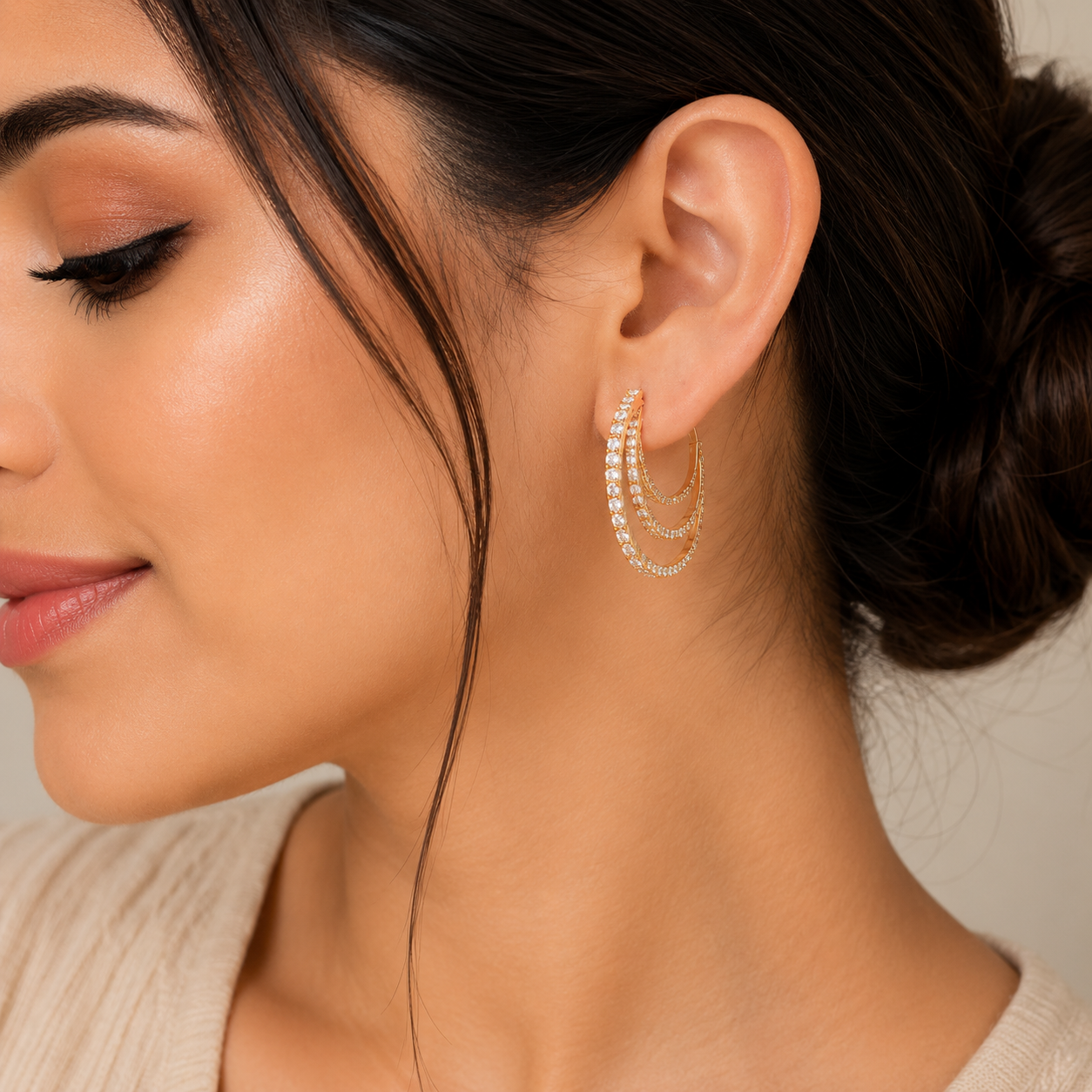 Women's Gold Plated Crystal Stone Triple Hoop Earrings