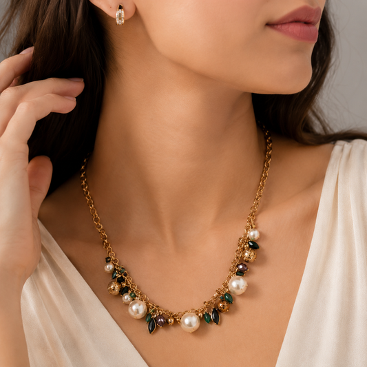 Women's Gold Plated Pearl & Green Stone Statement Necklace