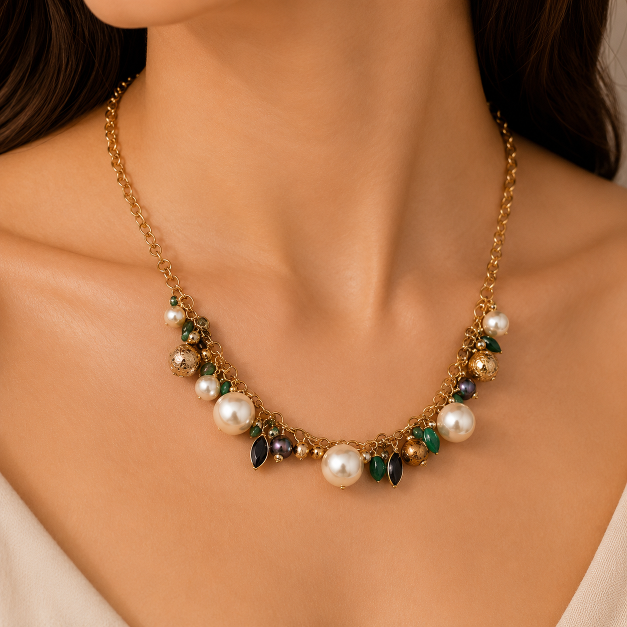Women's Gold Plated Pearl & Green Stone Statement Necklace