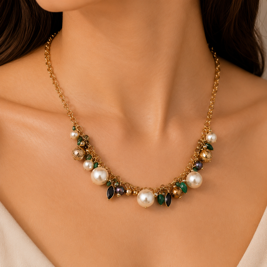 Women's Gold Plated Pearl & Green Stone Statement Necklace
